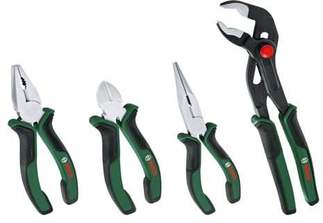 Bosch Set di pinze da 4 pezzi, 4 Tronchesi Diagonali Durevoli, Precisi, e Pinze Universali, A Becco Lungo e A Pappagallo Multiuso, Rivestimento Softgrip Ergonomico, Superficie Placcata in Nichel