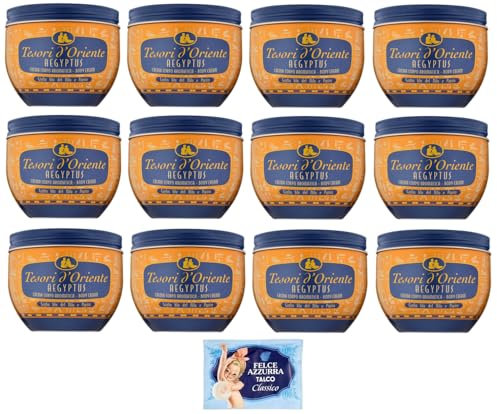12er-Pack Tesori d’Oriente Crema Corpo Aegyptus,Körpercreme Blaue Lilie des Nils und Papyrusmilch,300ml + 1er-Pack Kostenlos Felce Azzurra Talkumpuder, 100g-Beutel