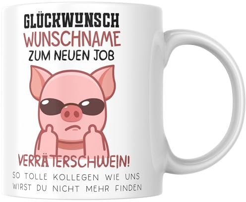 Personalisierte Tasse mit Spruch: Glückwunsch zum neuen Job Verräter! - Abschiedsgeschenk Kollegen - Kaffeetasse als Geschenk zum Abschied von Arbeitskollegen mit eigenen Namen. Lustige Tasse