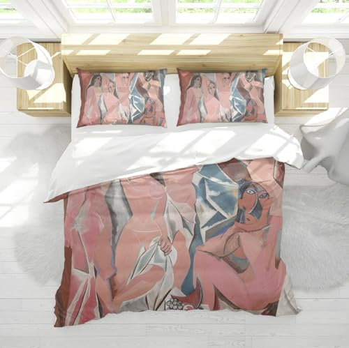 DINGSION Pablo Picasso Style Bettwäsche Set 3-teilig The Ladies of Avignon Mikrofaser Schlafzimmer Bettwäsche-Set mit 2 Kissen Shams Reißverschluss 4 Bänder 160 x 200 cm
