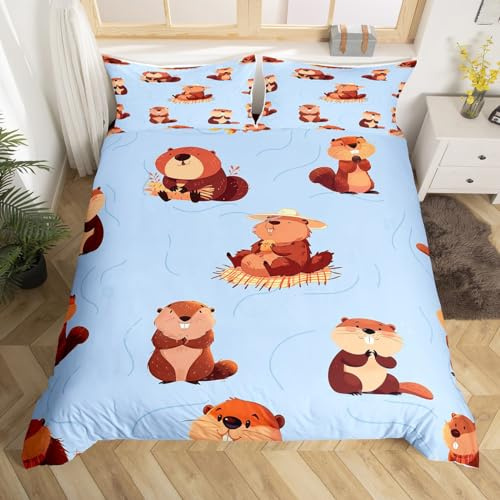 Castle Fairy Cartoon Beavers Bedding Set Cute Wild Animals Bedding Duvet Cover Set Rustic Style Beavers Comforter Cover Brown Blue Bedspread Cover Bedroom Quilt Cover Full,No Comforter