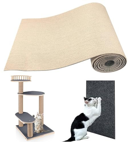 RC GearPro Trimmable Self-Adhesive Mat Cat Scratching Post Carpet Replacement Pad 78.7x15.8 Cat Scratcher Cover for Cat Tree Shelf Shelves Steps Couch Furniture Wall DIY Protector (Khaki)