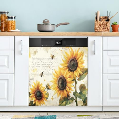 Cubierta magnética para lavavajillas, diseño retro de girasoles y abejas, decoración de granja, para panel de refrigerador, calcomanía magnética para refrigerador, 23 x 26 pulgadas