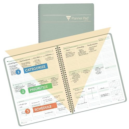 Planner Pad Spiralbindung, Januar-Dezember 2025, Kalender, Jahr, 21,6 x 27,9 cm, großer 3-stöckiger Trichter, 12 Monate, grünlich-grauer Einband, weiche grüne Tinte