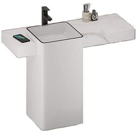 Lavabo sur colonne Vanité de salle de bain avec comptoir en ardoise et évier en céramique, lavabo de salle de bain minimaliste moderne avec lavabo carré, robinet/drain/tuyau d'entrée/vanne d'angle Évi