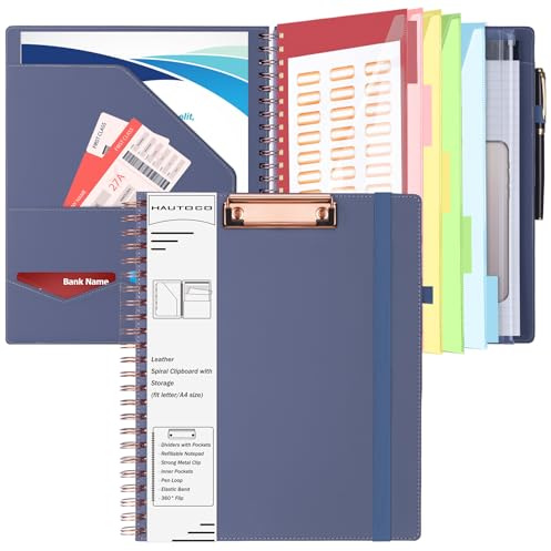 HAUTOCO Klemmbrettmappe mit Aufbewahrungstasche, Spiral-Klemmbrett mit nachfüllbarem liniertem Notizblock, 5 Ordner, Trennblätter mit 10 Taschen, Leder-Klemmbrett, Portfolio für Büro, Schule, Lila