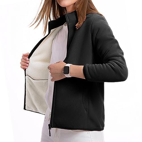 FNKDOR Fleecejacke Damen mit Durchgehendem Reißverschlüsse Große Größen Gefüttert Ohne Kapuze Sweatjacke Plüschjacke (Black, XXXXXL)