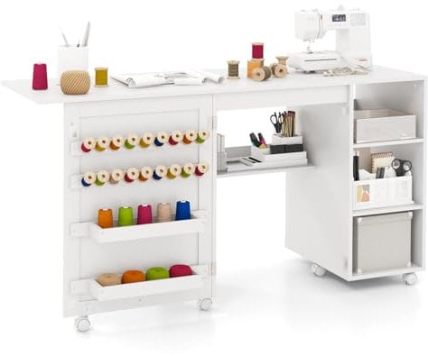 COSTWAY Folding Sewing Table, Rolling Craft Table Hobby Desk with Storage Shelves, Yarn Bins, 18 Pegs and 6 Lockable Wheels, Drop Leaf Sewing Machine Table Cabinet Computer Desk Workstation, White
