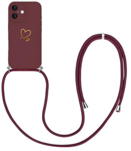Newseego Coque pour iPhone 16 avec Cordon, Housse Bandouliere avec Motif Coeur d'amour Mignon Silicone Liquide Antichoc Protection Compatible avec iPhone 16 Rouge Vineux