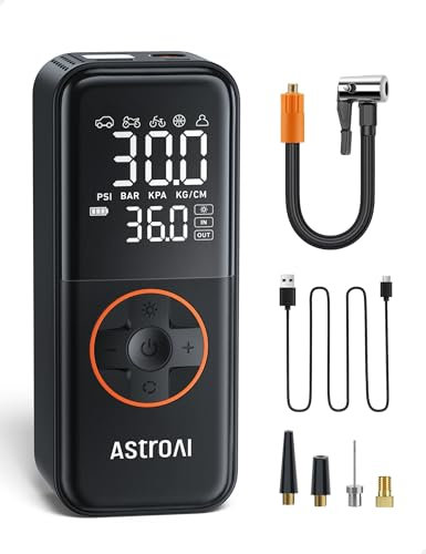 AstroAI L4 Tyre Inflator Cordless Air Compressor, Portable Electric Bike Pump 150 PSI, with Digital Dual Values Display Pressure Gauge, Rechargeable Tyre Pump for Car, Bike, Motorbike