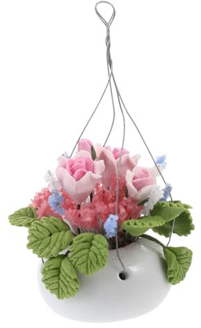 GREENADSCAPE 1pc 1:12 Mini Dolls House Hanging Basket Adornments Rose Potting Flower Model for Home Decor