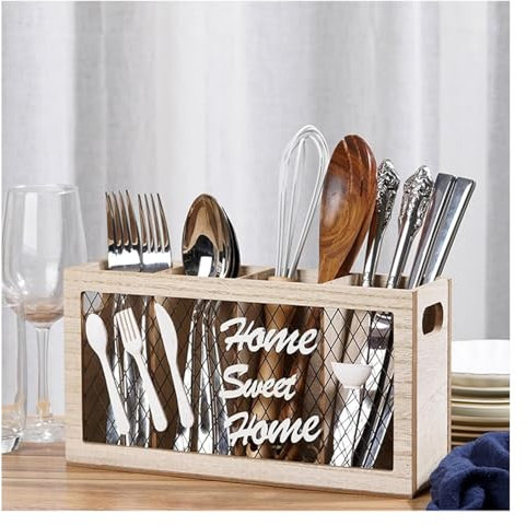 Soporte for utensilios de cocina,Organizador de utensilios,Soporte for utensilios de cocina rústico for encimera,Caja organizadora de almacenamiento de madera con 4 compartimentos, Caddy for utensilio