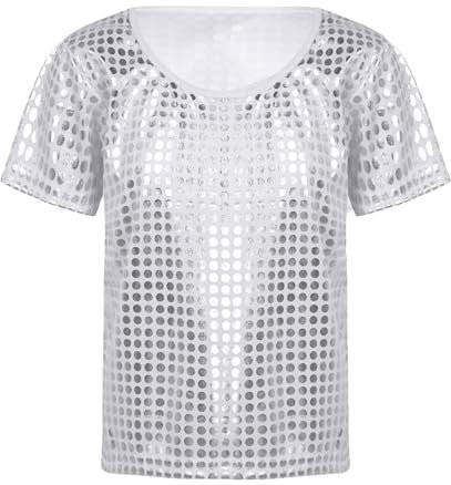 Karneval Kinder Glitzer T-Shirt Kurzarm Pailletten Shirt für Jungen Mädchen Festliches Tanzshirt mit Rundhals Elegantes Party T-Shirt Karneval Bühnenauftritt Glitzer Oberteil (Silver, 6-7 Years)