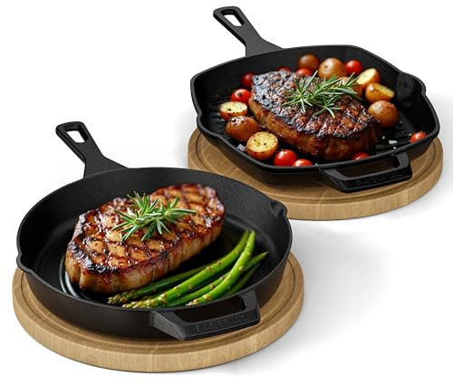 KAISERTAL® 27cm Grillpfanne & 30cm Gusseisenpfanne Set - Pfannen für Fleisch, Gemüse & Fisch - voreingebrannte Gusspfannen sind Backofen- & Induktionsgeeignet
