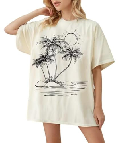 Palm Tree Beach Oversized T Shirt Womens Funny Summer Hawaiian Beach Graphic Shirts Trendy Tropical Vacation Tee Tops, Apricot, XXL