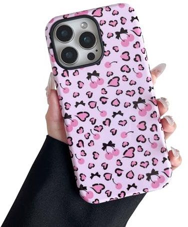 DEFBSC Case for iPhone 14 Pro Max, Cute Pink Bow Cherry Heart Print Aesthetic Trendy Pattern for Women Girls Slim Durable Bumper Shockproof Hybrid Hard Back Phone Cover, Tiny/Glossy