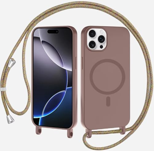 xinyunew Coque Magnétique pour iPhone 14 Pro Max avec Cordon, Compatible avec MagSafe Collier Étui Silicone Liquide avec Tour de Cou Lanière en Corde Souple TPU Antichoc Housse,Brun