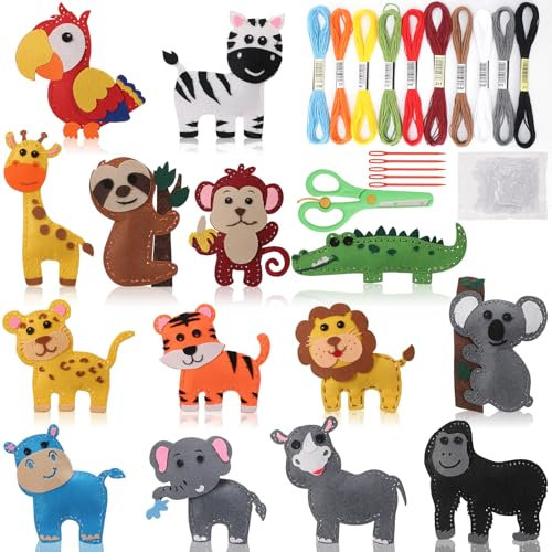 Kaisibum Nähset Kinder,14 Stück Filztiere Nähen Kinder,DIY Tierformen Filz Nähset,Filz Waldtiere Bastelset mit Schere,Füllwatte, Plastiknadeln für DIY Handwerk