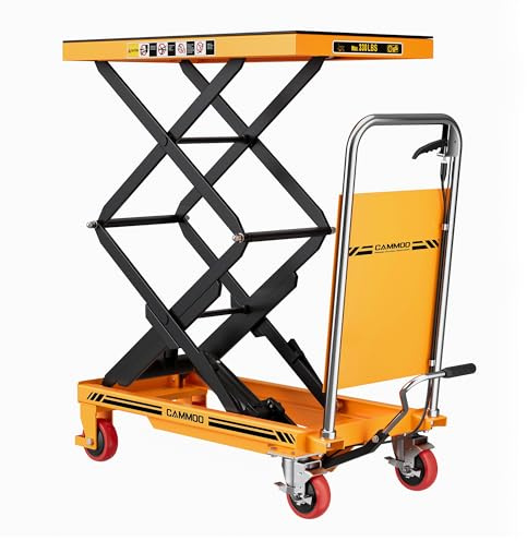 CAMMOO Hydraulic Lift Table Cart, 330lbs Capacity 49.6 Lifting Height, Double Scissor Lift Table with Non-Slip Pad & Safety Guard for Material Handling & Transportation, Yellow