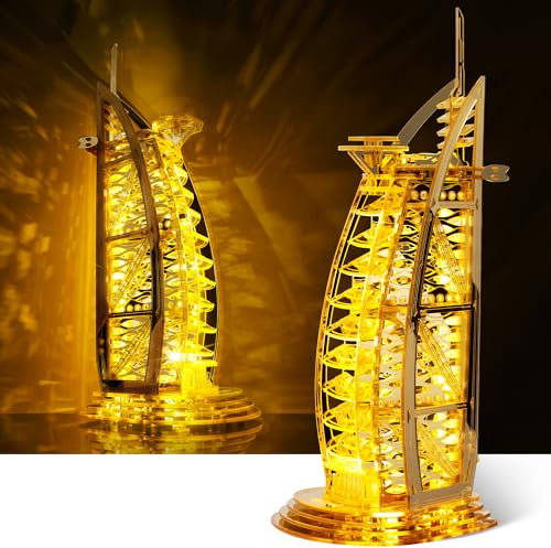 FUNPOLA LED 3D Puzzle für Erwachsene - 3D Architektur Burj Al Arab Modellbausatz - Funkelnde LEDs Dubai Wahrzeichen - 3D Puzzle Heimdekoration Gebäude (Gold)