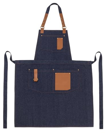 PALLTEX GERARD Kochschürze Herren & Damen Grillschürze – Küchenschürze mit Taschen & Ökoleder – Verstellbare Schürze für Barista, Koch, Gastronomie & Grill (Denim, S/M)