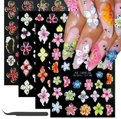 Kabwea 4-Piece 5D Summer Flower Nail Art Stickers & Black Tweezer, Multi-colored Floral Nail Stickers