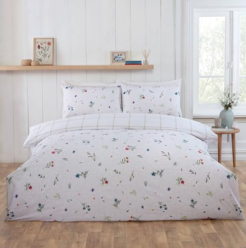 Rapport Home Meadow Brushed Cotton Duvet Cover Set, Floral - Double White | 100% cotton flannelette fabric. Soft floral design. Cozy, warm bedding for any bedroom.