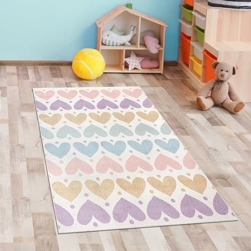 CARPETIA Teppich Kinderzimmerteppich Herzmuster Pastell weich robust pflegeleicht Teppich 80 x 150 cm