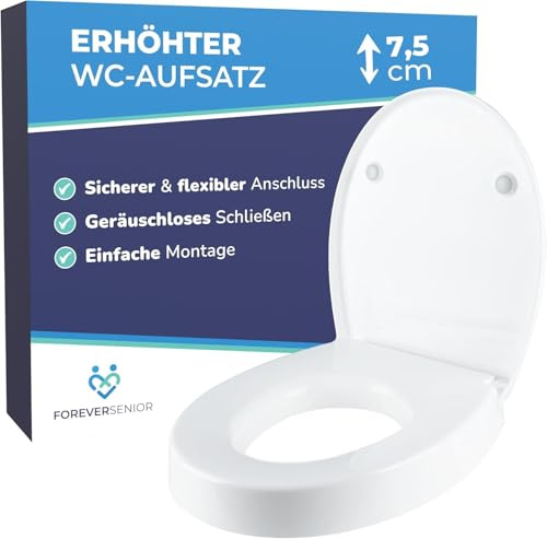 ForeverSenior Toilettensitzerhöhung 7,5 cm, WC Sitzerhöhung für Senioren | Erhöhter Toilettensitz mit Deckel& Absenkautomatik, Aufsatz ideal für Senioren, Duroplast, einfache Montage, rutschfest, weiß