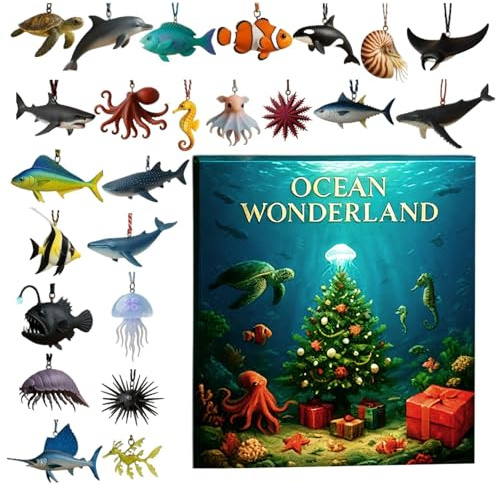 Adventskalender Meerestiere, Adventskalender 24 Tage mit Ornamenten aus Acryl, 2D, Ornament Meereskreaturen – für Auto, Wand, Fenster, Tür, Geschenke, Party