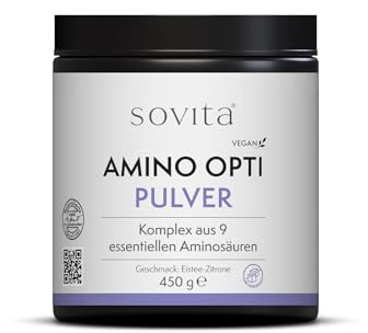 sovita amino opti pulver | komplex aus 9 essenziellen aminosäuren mit bcaa anteil | | vitamin b6 für normalen eiweiß- und glykogenstoffwechel | vegan & zuckerfrei | geschmack zitrone | 450 g