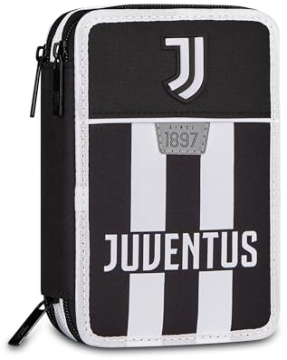 Seven Juventus gefülltes Mäppchen, mit 3 Fächern, Federtasche komplett mit Bleistiften, Filzstiften, Etui für Schreibwaren, Schulmaterial, Schule und Freizeit, Mädchen und Jungen, schwarz/weiß
