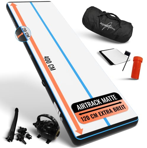 AthleticPro Airtrack Matte [3m/4m/5m Lang] - 120cm Extra Breit - 10/20cm Höhe - Aufblasbare Turnmatte für Bodenturnen & Akrobatik inkl. elektrischer Pumpe, Reparaturset & Tasche
