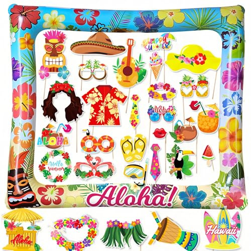 AIBAOBAO 30 Pezzi Photo Booth Hawaii, Cornice Gonfiabile per Selfie Aloha,Accessori per Foto Divertenti, Foto Props Festa Hawaiana, Gadget Hawaiana per Invitati, Hawaiian Party Festa in Piscina