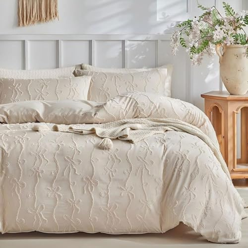 Tospass Boho Bettwäsche 135x200 Beige Getuftet Schleifen Bettwäsche Set | Aesthetic Bettwäsche Shabby Chic, 2teilig Mädchen, Microfaser ÖKO-TEX Bettbezug mit Reißverschluss und 1 Kissenbezug 80x80cm