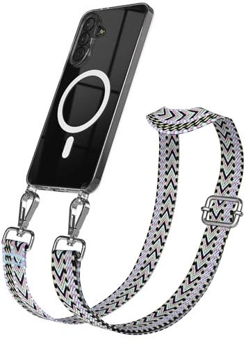 EAZY CASE Handykette - Verstellbares Taschenband kompatibel mit Galaxy A37, Schulterriemen, Handykordel mit Silikon Hülle, Qi Charging kompatibel, Umhängetasche, Lila Grün Silber