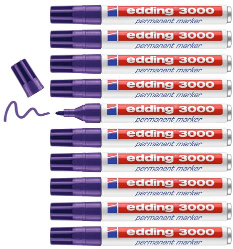 edding 3000 Pennarello Permanente - Viola - 10 pennarelli - Punta Rotonda 1,5-3 mm - indelebile ad Asciugatura Rapida - Resistente all'Acqua e alle sbavature - Cartone, plastica, Legno, Metallo -