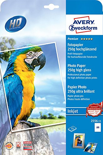 AVERY Zweckform 2556-15 Premium Inkjet Fotopapier (15 Blatt, 250 g/m², DIN A4 Papier, einseitig beschichtet, hochglänzend, FSC, für Fotodrucke in High Definition, Tintenstrahldrucker, sofort trocken)