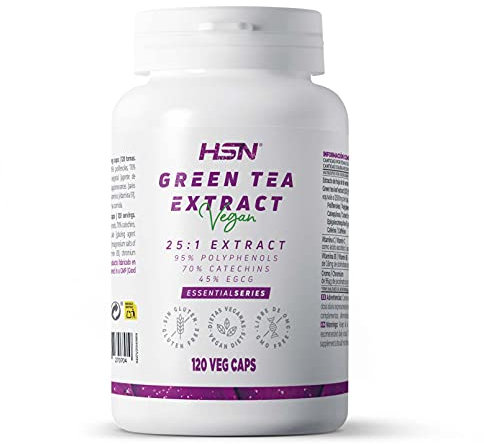 HSN Extracto Té Verde 500mg (95% Polifenoles 70% Catequinas 45% EGCG) | 120 Cápsulas Vegetales | Puro Extracto 25:1 de Hoja Camellia sinensis | No-GMO, Vegano, Sin Gluten
