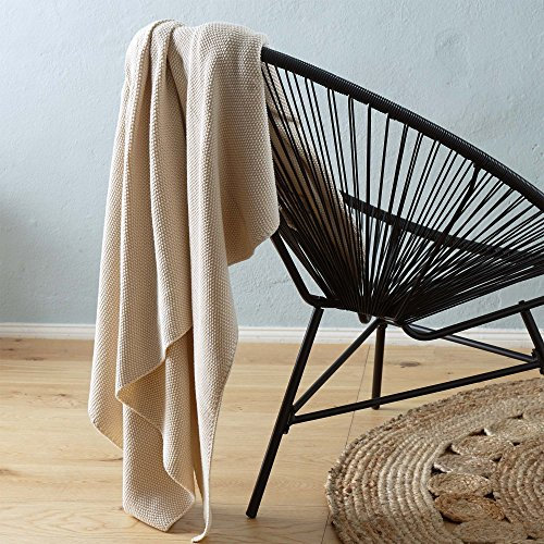 URBANARA Baumwolldecke Antua - 100% Reine Baumwolle, Creme, gestrickt – 200 x 260 cm, Strick-Decke, Überwurf, Plaid, Sofadecke, Kuscheldecke