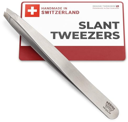 Regine Switzerland Pince à épiler inclinée, fabriquée à la main en Suisse, professionnelle pour sourcils, visage et poils, pointe alignées intérieure gravée pour attraper les poils à la racine