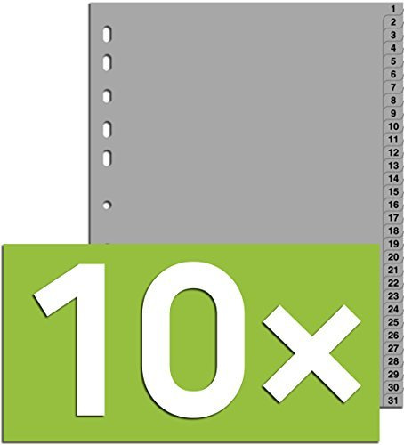 10er Packung Durable Hunke & Jochheim Register 1-31, (PP, DIN A4, 215/230 x 297 mm) 31 Blatt grau (10, Register 1-31)