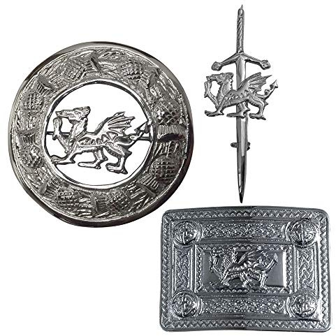 Kilt Pin Gürtelschnalle und Fliege Plaid Brosche Drachen Stil Badge Set Chrom Finish, chrome, (3 brooch, 4 pin, buckle 3.75 x 2.75)