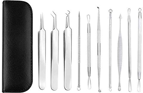 Bestgle 10pcs Blackhead Remover Tool Kit, Professional Stainless Steel Pimple Extractor & Acne Tweezers Set, Comedone Removal Tools for Whiteheads, Blemishes & Facial Care with Leather Case