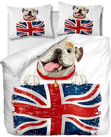 OliveSleep Bettbezug-Set mit Bulldoggen- und UK-Flagge, King-Size-Bettbezug-Set, dekoratives 3-teiliges Bettwäsche-Set mit 2 Kissenbezügen, (Multi 8, King)