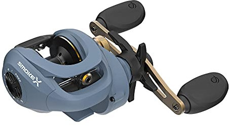 Quantum Smoke X Baitcast-Angelrolle, Größe 100, Linkshänder, glatt und leistungsstark, 6,1:1 Übersetzung, einteiliger Aluminium-X-Rahmen und doppelt eloxierte Aluminiumspule, blau
