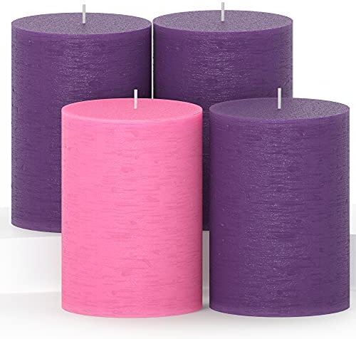 CANDWAX 3x4 Stumpenkerzen 4er Set - Rustik-Stumpenkerzen geruchlos und tropffrei Kerzen - ideal als Kerzen für Adventskranz oder Weihnachtsdeko - lila Adventssumpenkerzen