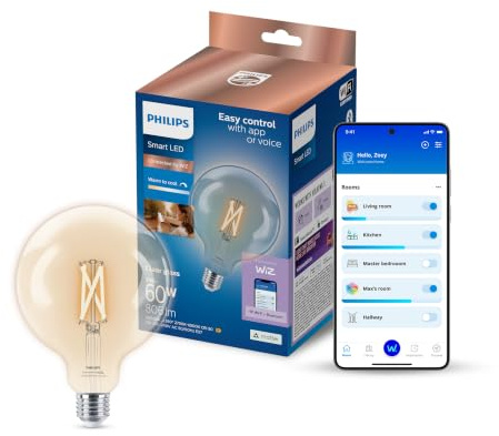 Philips Smart Lighting, Smart LED G125-Filamentlampe, Ambientebeleuchtung, E27-Sockel, 806 lm, Einstellbares Weißlicht 2.200–6.500 K, Niedrig Dimmbar, Connected by WiZ, Alexa, Google Home, Apple Home