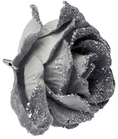 BWG Clip On Graphite Grey Rose Flower Christmas Tree Decorations (Set of 6)