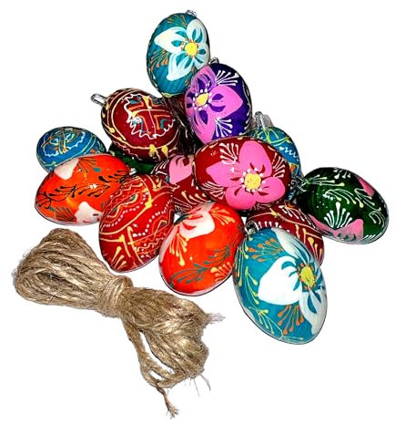 Ukrainisches Kunsthandwerk® KLEINE Ostereier 15 Stück HOLZ Handbemalt mit Aufhänger und Natur Faden. Holzeier aus der Ukraine Traditionell u. Blumen